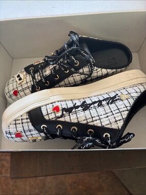 Karl Lagerfeld Black, White and Red Tweed Heart Sneakers